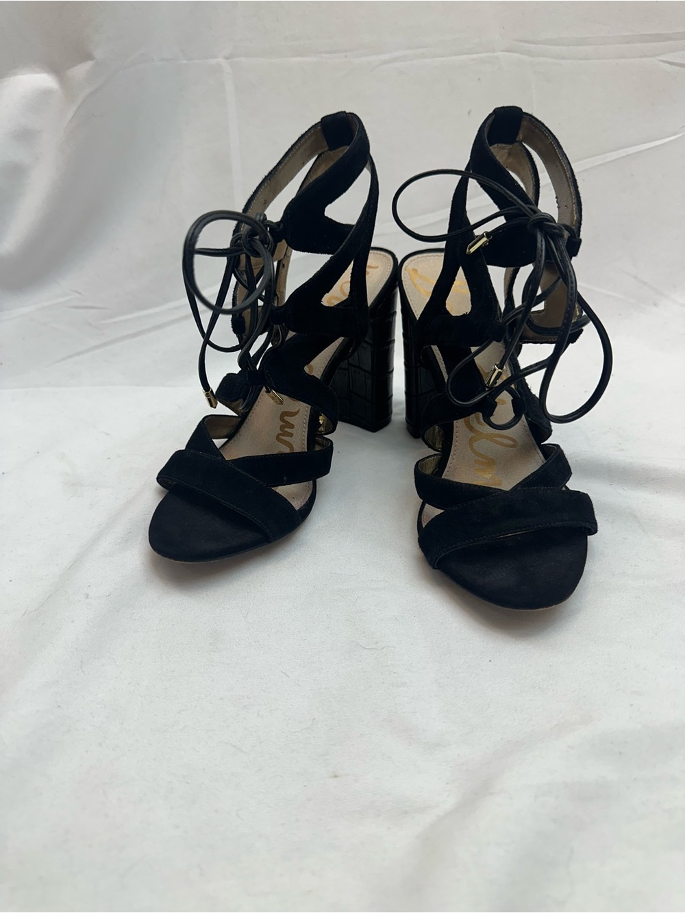 Sam Edelman Black Suede Lace-Up Block Heel Sandals 7.5